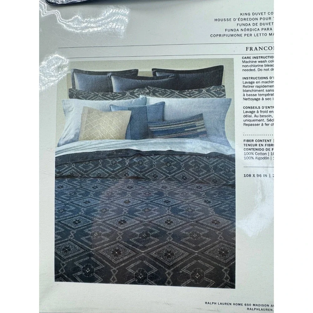 Ralph Lauren Avery Navy Blue Geometric Pattern Queen Duvet Cover -‎ 108 x 96 in